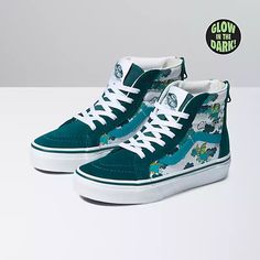 Vans Kids Sk8-Hi Zip Shoe Color: Mythical Glow Deep Teal Glow In The Dark Dragons Pink Slip On Vans, Teal Dragon, Shoe Art Designs, Vans Checkerboard Slip On, Vans Shoes Women, Teal Shoes, Cute Vans, Vans Kids, Shoes Vans