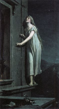 a painting of a woman standing on a ledge