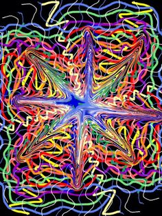 an abstract colorful star design on a black background with multicolored lines and swirls