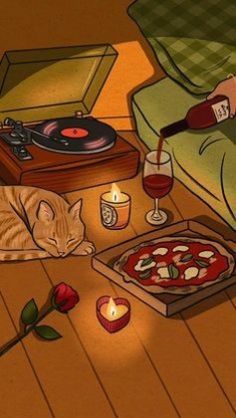 a cat laying on the floor next to a record player and a box of pizza