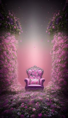 a pink couch sitting in the middle of a lush green field with flowers on either side