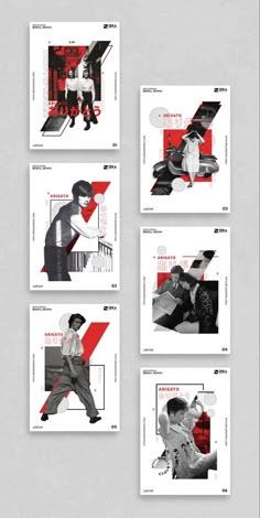 four different posters with red and black lines on them, all showing the same image