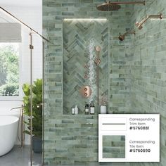 a bathroom with green tiles on the walls, and a white tub in the corner