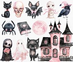 watercolor halloween clipart set with spooky bats, skulls, ghost houses and more