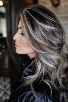 Medium Brown Hair With Grey Highlights, Hair With High And Low Lights, High Contrast Highlights And Lowlights, Ash Balayage Brunette, Ash Blonde Streaks, Brown And Platinum Hair, Medium Brown Hair With Silver Highlights, Grey Coverage Highlights Brunette, Brown With Platinum Highlights