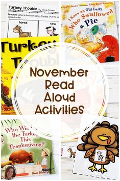 november read aloud activities for kids with thanksgiving pictures and turkeys on the front cover