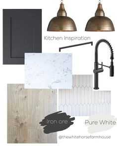 the kitchen design board with copper and black accents