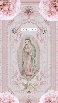 the virgin mary is surrounded by pink flowers