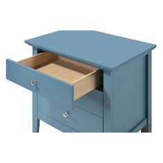 a blue wooden desk with two drawers on one side and an open drawer on the other