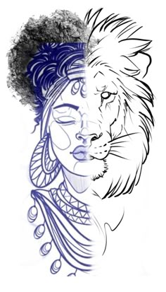 a drawing of a woman with a lion's head on her chest and the other side of her face