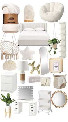 a collage of white furniture and accessories including a bed, chair, mirror, lamp, potted plant