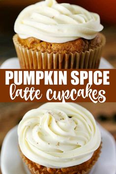 pumpkin spice cupcakes with cream cheese frosting on top