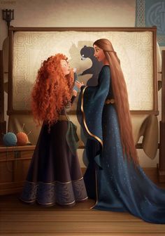 two women dressed as disney princesses talking to each other in front of a mirror