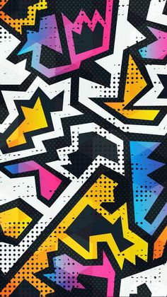 colorful graffiti art on black paper with white and yellow arrows in the center, all over it