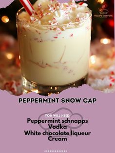 peppermint snow cap is in a glass with whipped cream and candy canes