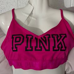 Nwt, Pink Victoria Secret Sports Bra Cheap Victoria's Secret Tops For Loungewear, Pink Sporty Activewear For Leisure, Trendy Pink Sports Bra, Trendy Pink Leisure Activewear, Colorful Bra, Vs Pink Dog, Free Crop Tops, Wireless Sports Bra, High Neck Bra