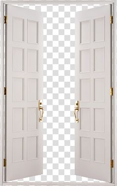 an open white door with two gold handles on the top and bottom, against a checkered background