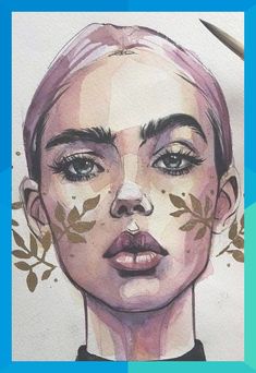 a drawing of a woman's face with leaves on her head and eyes painted in watercolor