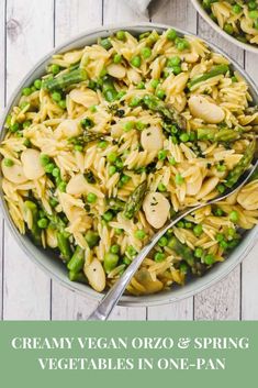 creamy vegan orzo and spring vegetables in one - pan with text overlay