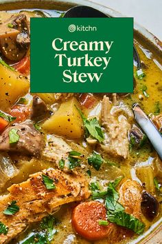 a bowl of creamy turkey stew with potatoes and carrots