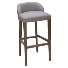 an image of a bar stool with grey leather upholstered back and wooden legs