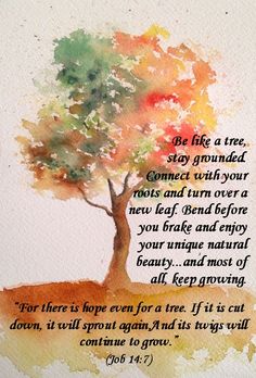 a watercolor painting with a bible verse on it's side and an image of a tree