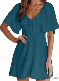 Lasaky - Bow-Tied Short Sleeve Lace-Up Mini Dress Amazon Outfits, Amazon Dresses, Stil Elegant, Outfits For Girls, Midi Short Sleeve Dress, Short Sleeve Mini Dress, Wrap Dresses, Dresses 2024, Dresses Outfits