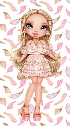 a drawing of a girl with long blonde hair and big eyes, wearing pink shoes