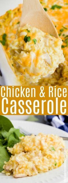 chicken and rice casserole on a white plate with a wooden spoon in it