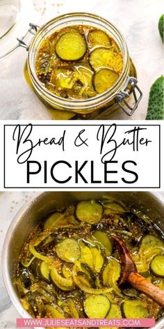 two pictures with the words bread and butter pickles in them on top of each other