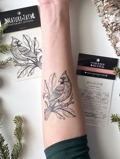 a woman's arm with a bird tattoo on it next to some pine branches