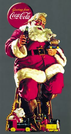 a santa clause sitting on top of a chair holding a beer and a teddy bear