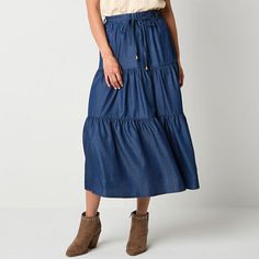 This women's mid-rise chambray maxi skirt by Frye and Co. is the perfect lightweight and on-trend essential to add to your collection for the warmer months. Made from a recycled woven blend, it has an elastic-drawstring waist and tiered skirt layers. Style it with a tank top, tee or shirt. Front Style: Flat FrontClosure Type: Full Elastic, DrawstringRise: Mid RiseApparel Length: 33 InchesFiber Content: 65% Tencel Lyocell, 23% Recycled Polyester, 12% CottonLining: UnlinedSkirt Length: Long Length Spring Casual Ankle-length Maxi Skirt, Spring Ankle-length Casual Maxi Skirt, Spring Medium Wash Skirt With Elastic Waistband, Spring Medium Wash Wide Leg Maxi Skirt, Spring Wide Leg Medium Wash Maxi Skirt, Spring Denim Maxi Skirt In Blue, Blue Denim Maxi Skirt For Spring, Casual Denim Blue Maxi Skirt For Spring, Solid Ankle-length Maxi Skirt For Spring