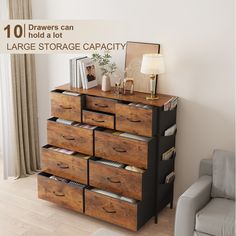 drawers can hold a lot of large storage capacity in this living room furniture arrangement, with the text 10 drawer can hold a lot of large storage capacity