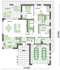 the floor plan for a two story house with three car spaces and an attached garage