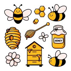 bees and honeycombs clipart set with beehive, hive, honey comb