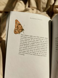 an open book with a butterfly sitting on it's cover and the text underneath