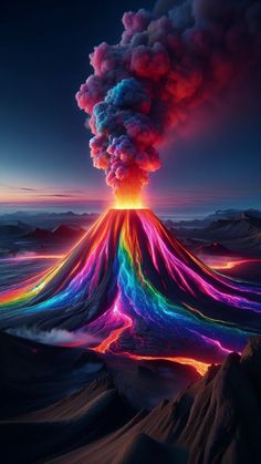 an image of a very colorful volcano in the sky