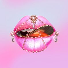 a spoon sticking out of the lip of a woman's mouth with jewels on it