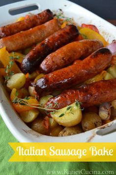 italian sausage bake with potatoes and carrots in a white casserole dish