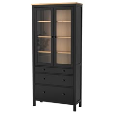 a tall black cabinet with glass doors and drawers on the bottom, in front of a white background