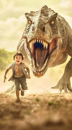 a young boy is running next to a dinosaur that has it's mouth open