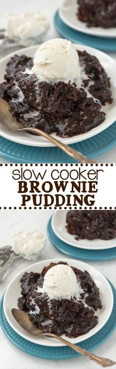 brownie pudding with ice cream on top is shown in three separate photos and the bottom one has two spoons