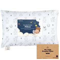 a pillow with an image of a child's sleeping position on it and a package for