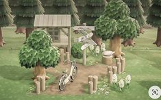 an animated image of a park with trees and a bicycle parked in the dirt near a bench