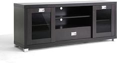 a black entertainment center with two doors and three drawers on one side, in front of a white background