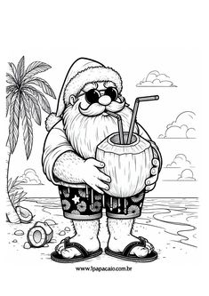 santa claus is holding a drink while standing on the beach with palm trees in the background