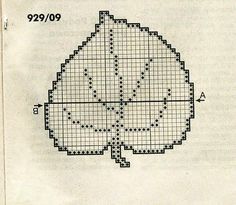 an old cross stitch pattern with the shape of a leaf on it's side