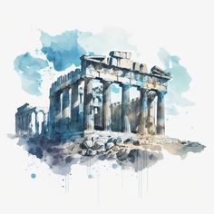 watercolor painting of an ancient greek temple