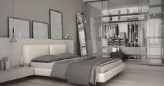 a bed sitting in a bedroom next to a walk in closet